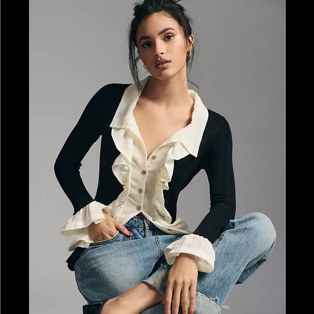 By Anthropologie Ruffle-Front Cardigan Sweater Anthropology NWT long sleeve